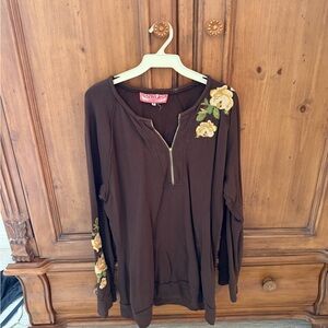 Johnny Was Cotton New Look Brown Floral Embroidered Women's Top. New with no tag